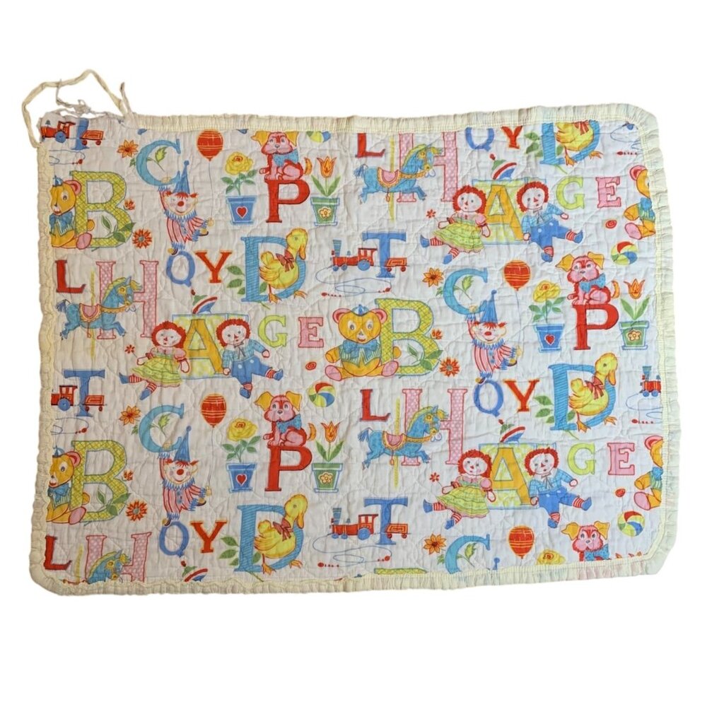 70s Alphabet Baby Quilt Raggedy Ann Andy Multicolor Illustrations Ruffle Trim